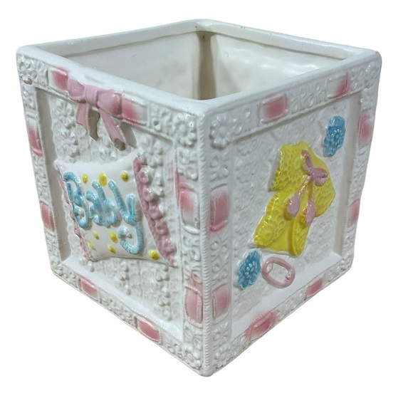 Vintage Nursery Baby Planter with Pink, Blue & Yellow Accents Baby Shower Decor - Picture 2 of 10